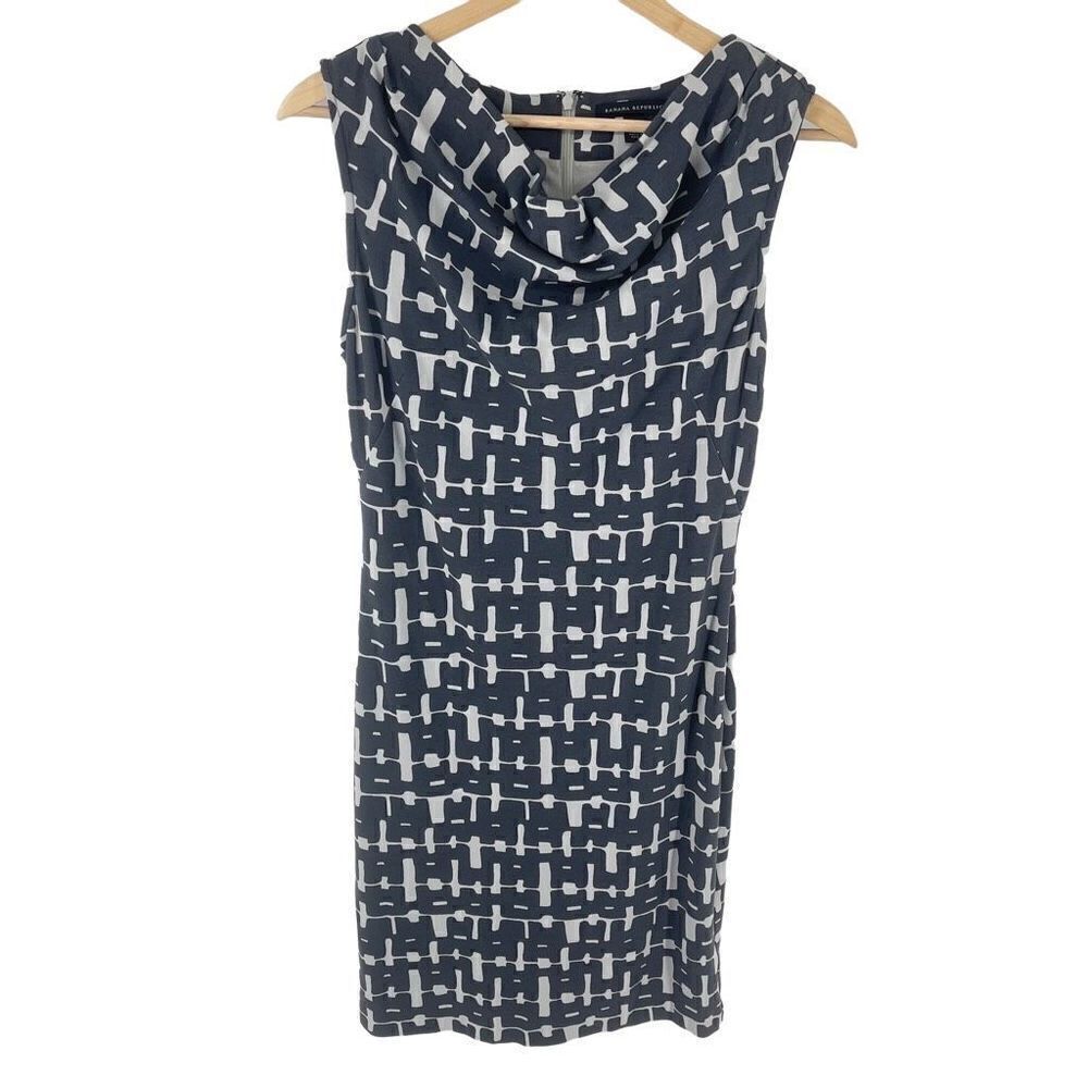 Banana Republic Women's Sheath Dress Midi Mod Plaid Ponte Drape Neck Gray Size 4
